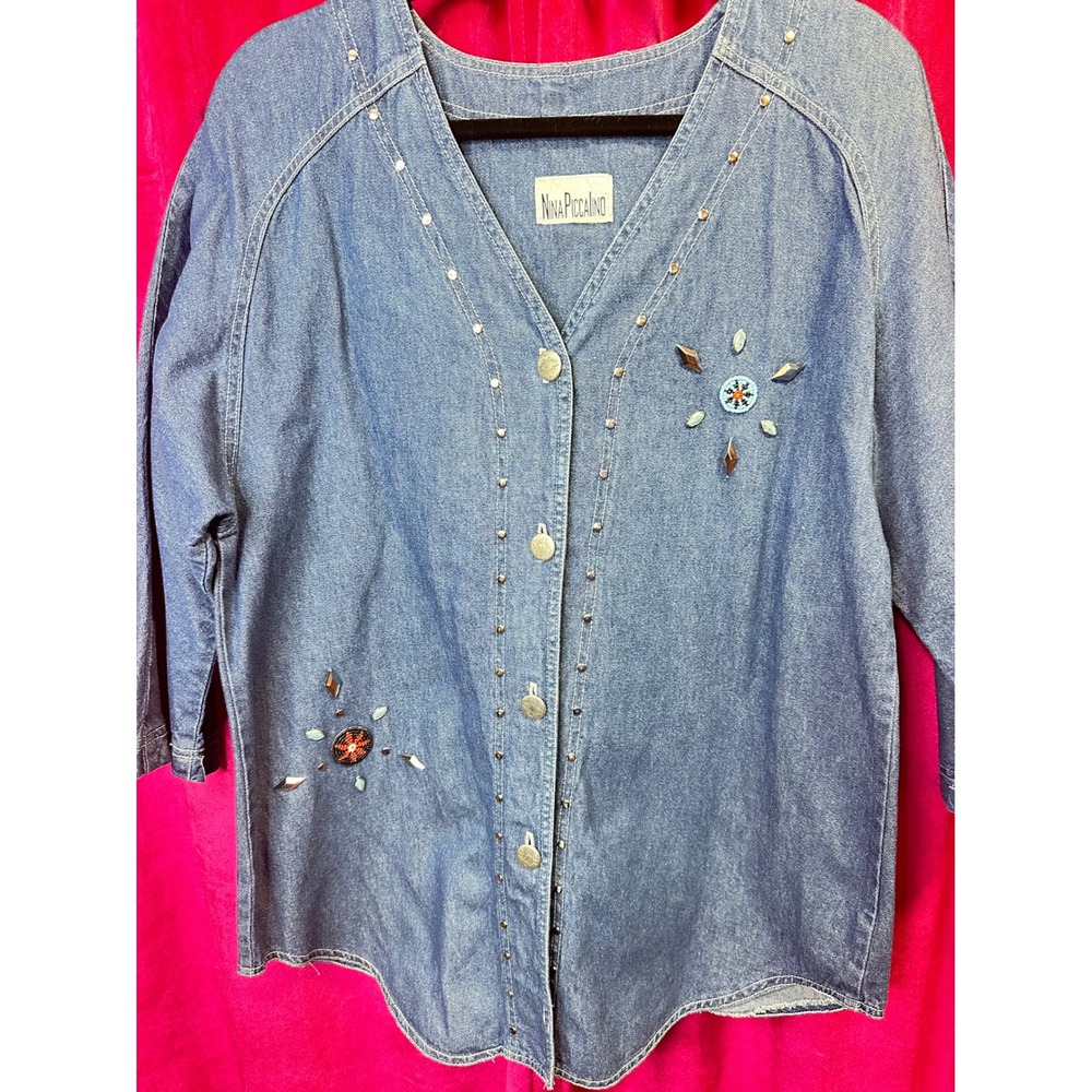 Nina Piccalino Vintage Denim Shirt Southwestern Beaded Studded Blue Medium Wash